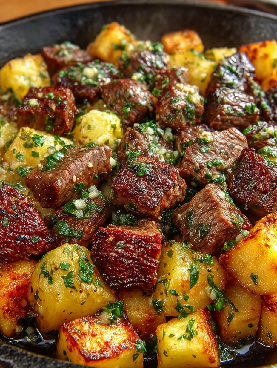 A close up of a delicious meal of garlic butter steak bites and potatoes.
