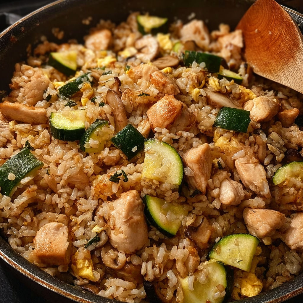A hibachi style chicken fried rice dish with vegetables.