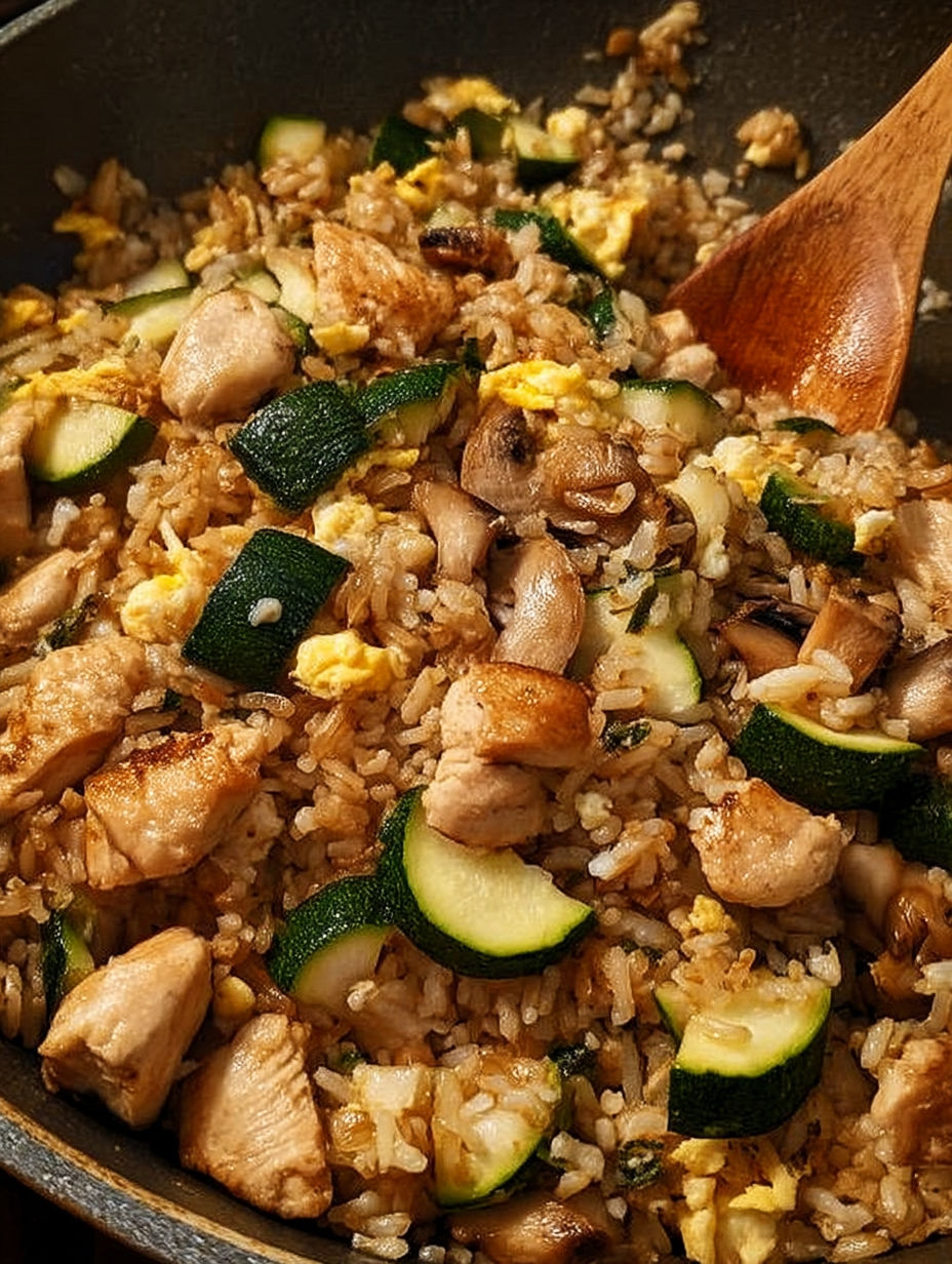 A dish of rice with chicken and vegetables.