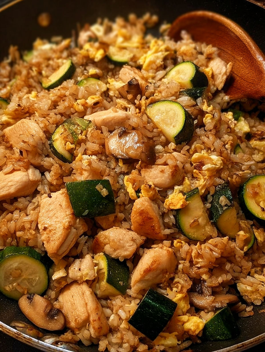 A plate of rice with chicken and vegetables.