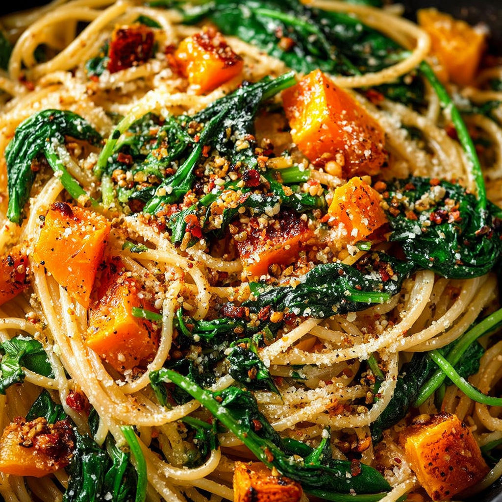 A bowl of spaghetti with pumpkin, spinach and walnuts.
