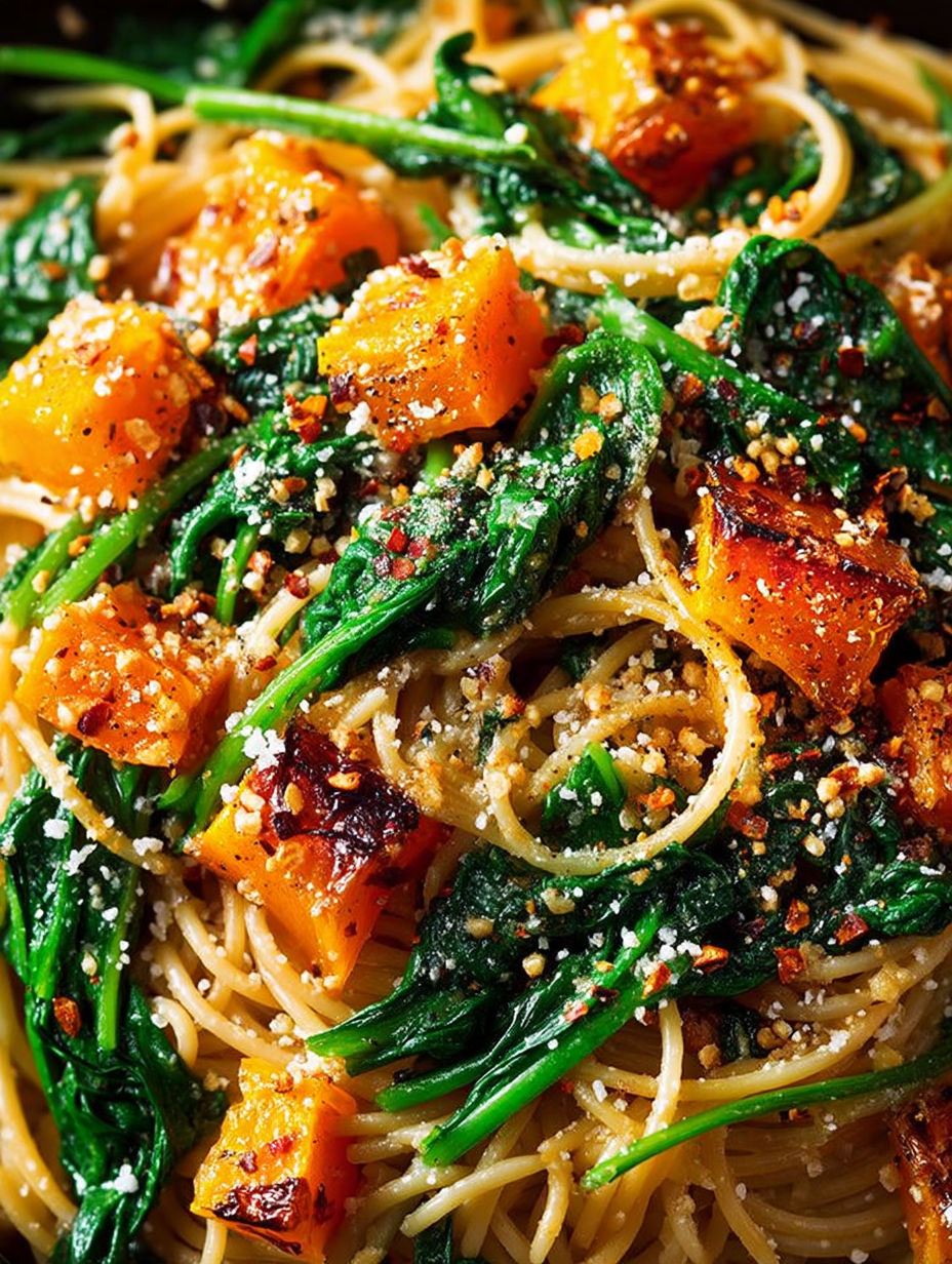 A dish of spaghetti with pumpkin, spinach and walnuts.