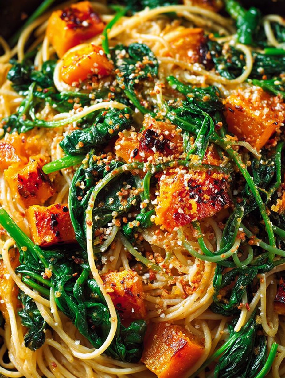 A dish of spaghetti with pumpkin, spinach and walnuts.
