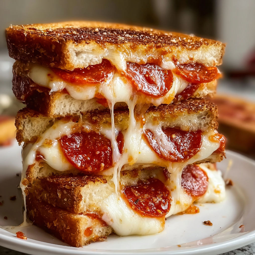 A stack of grilled cheese sandwiches with pepperoni.