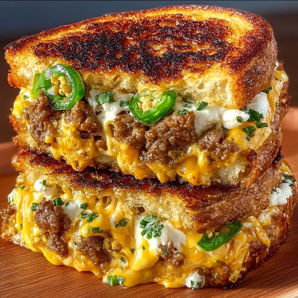 A jalapeño popper patty melt on a wooden table.
