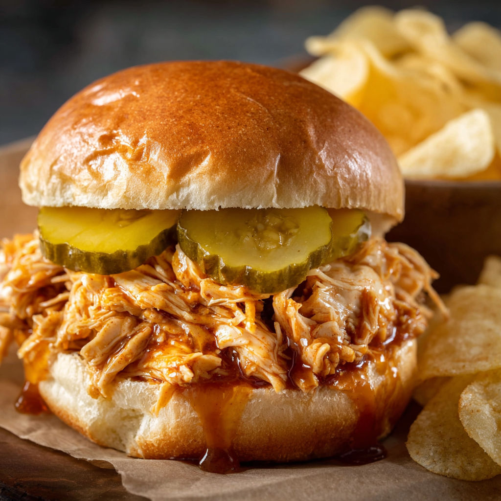 A crock pot shredded Nashville hot chicken sandwich.