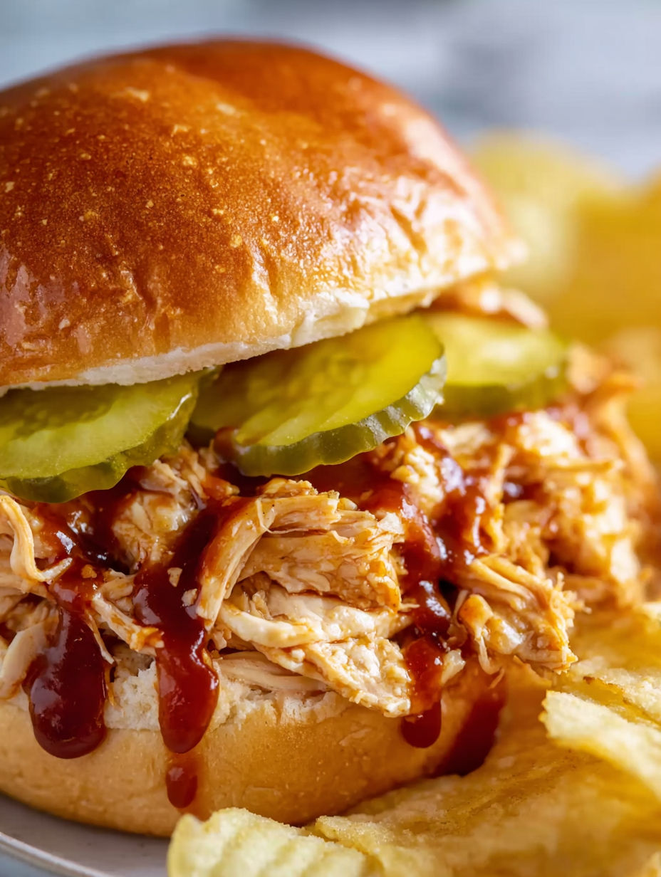 A close up of a crock pot shredded Nashville hot chicken sandwich.