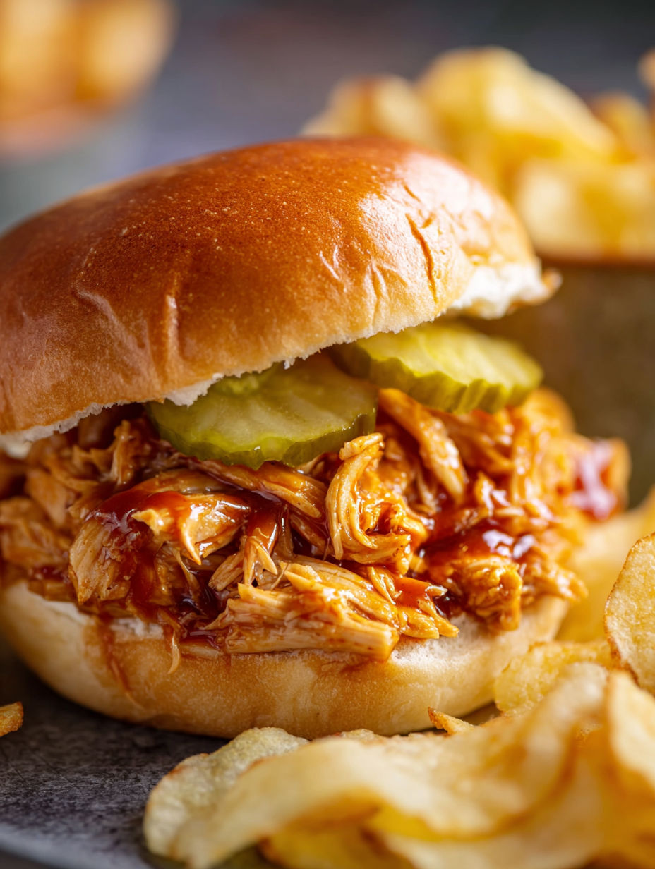 A close up of a sandwich with shredded chicken and pickles.