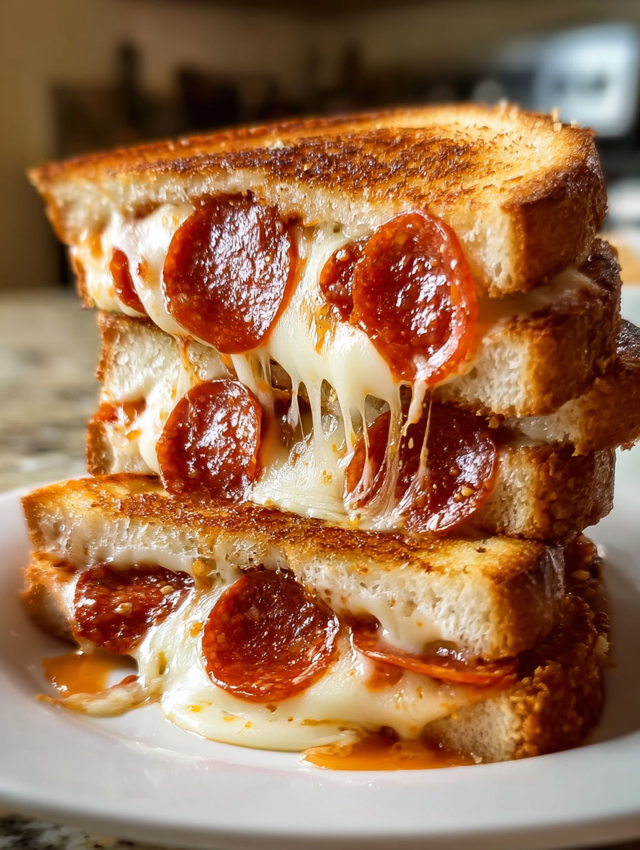 A stack of three grilled cheese sandwiches with pepperoni.