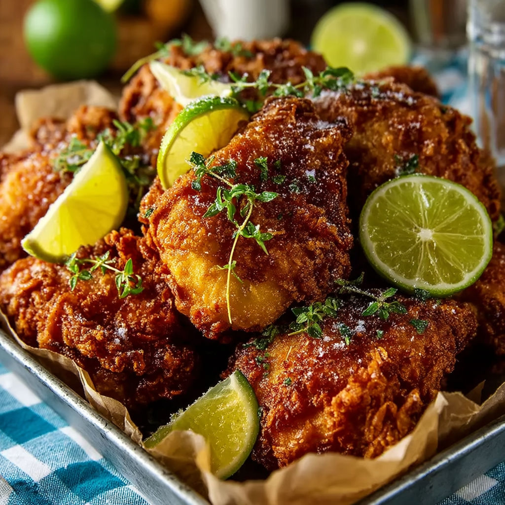 A plate of fried chicken with limes on top.