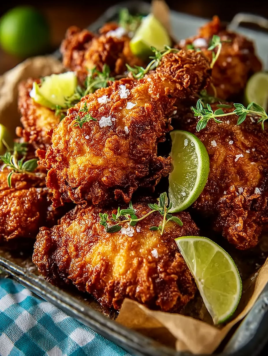 A plate of fried chicken with limes and herbs on top.