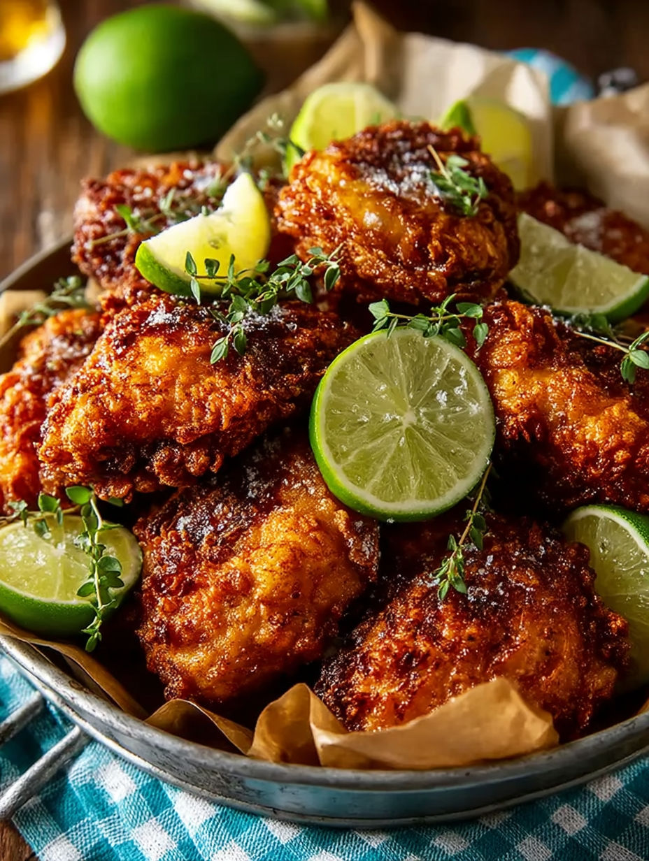 A bowl of fried chicken with limes on top.