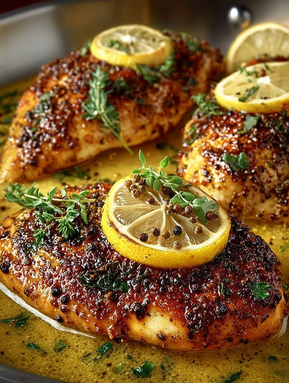 A close up of a lemon pepper chicken with a lemon wedge on top.