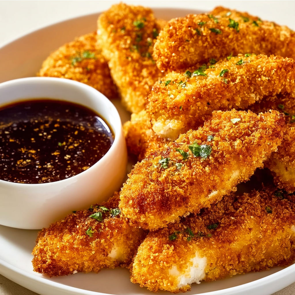 A plate of baked chicken tenders with a dipping sauce.