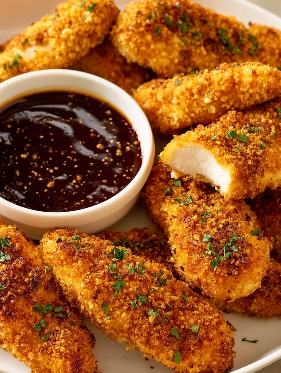 A bowl of baked chicken tenders with a dipping sauce.