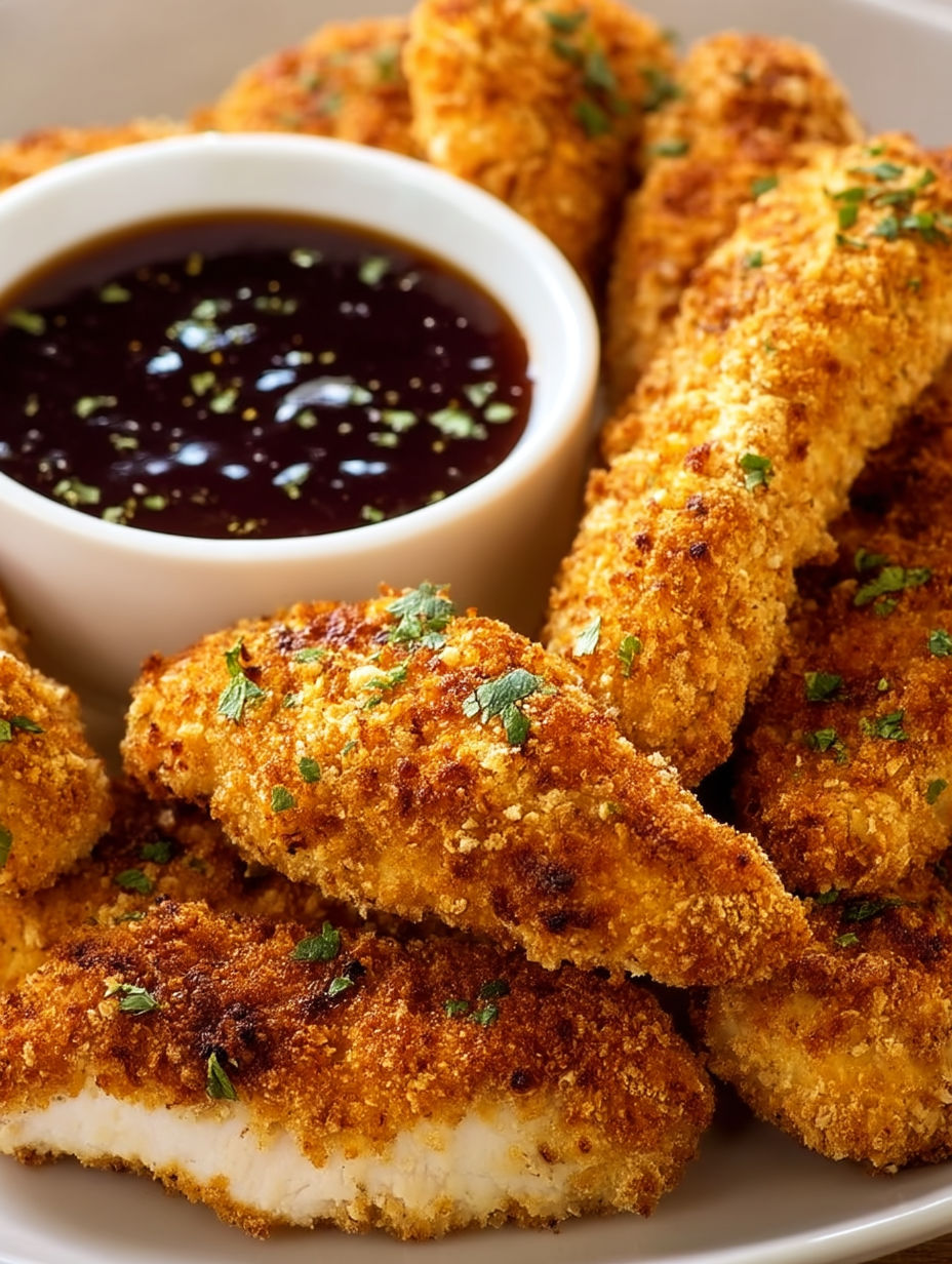A bowl of baked chicken tenders with a dipping sauce.