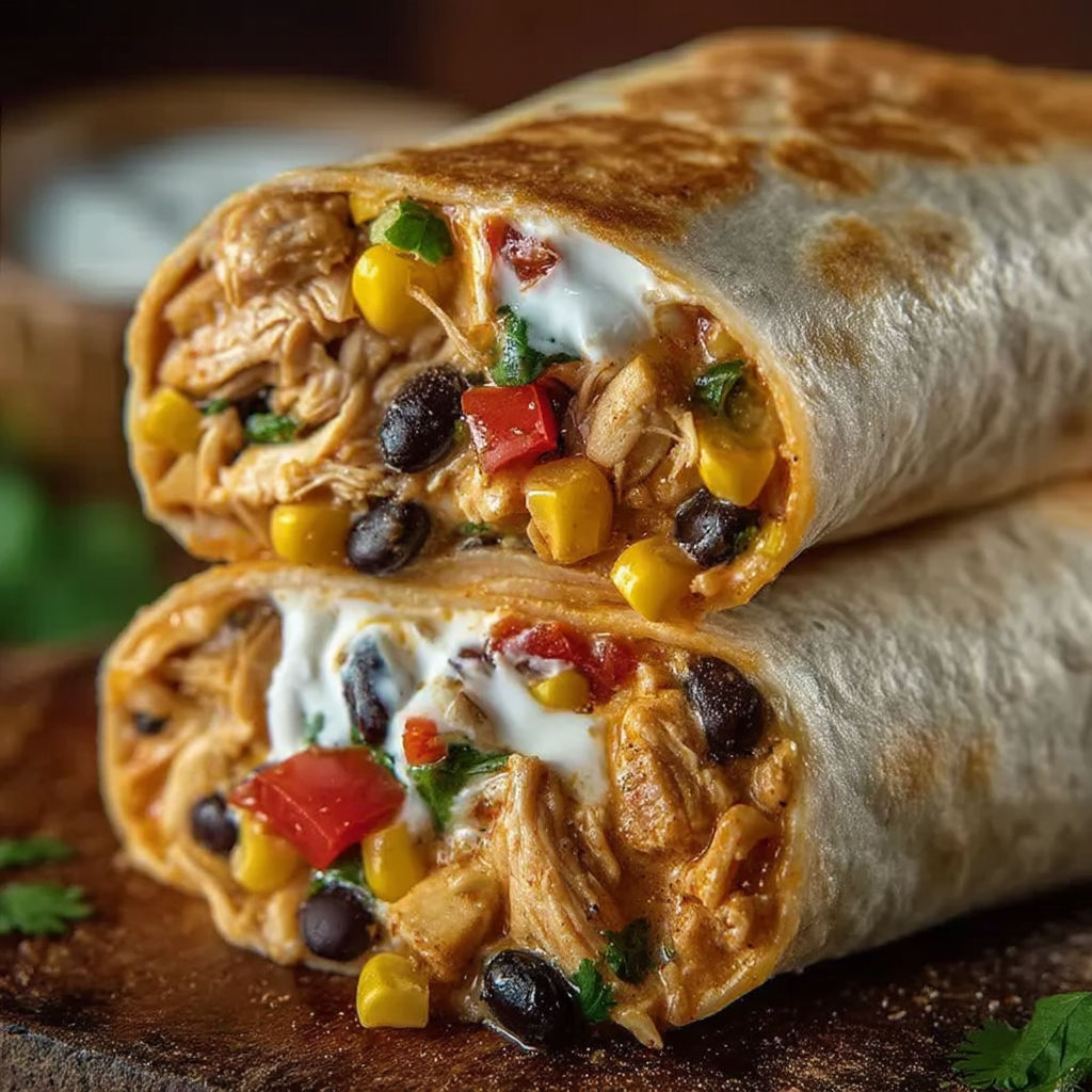 Two burritos filled with chicken and vegetables.