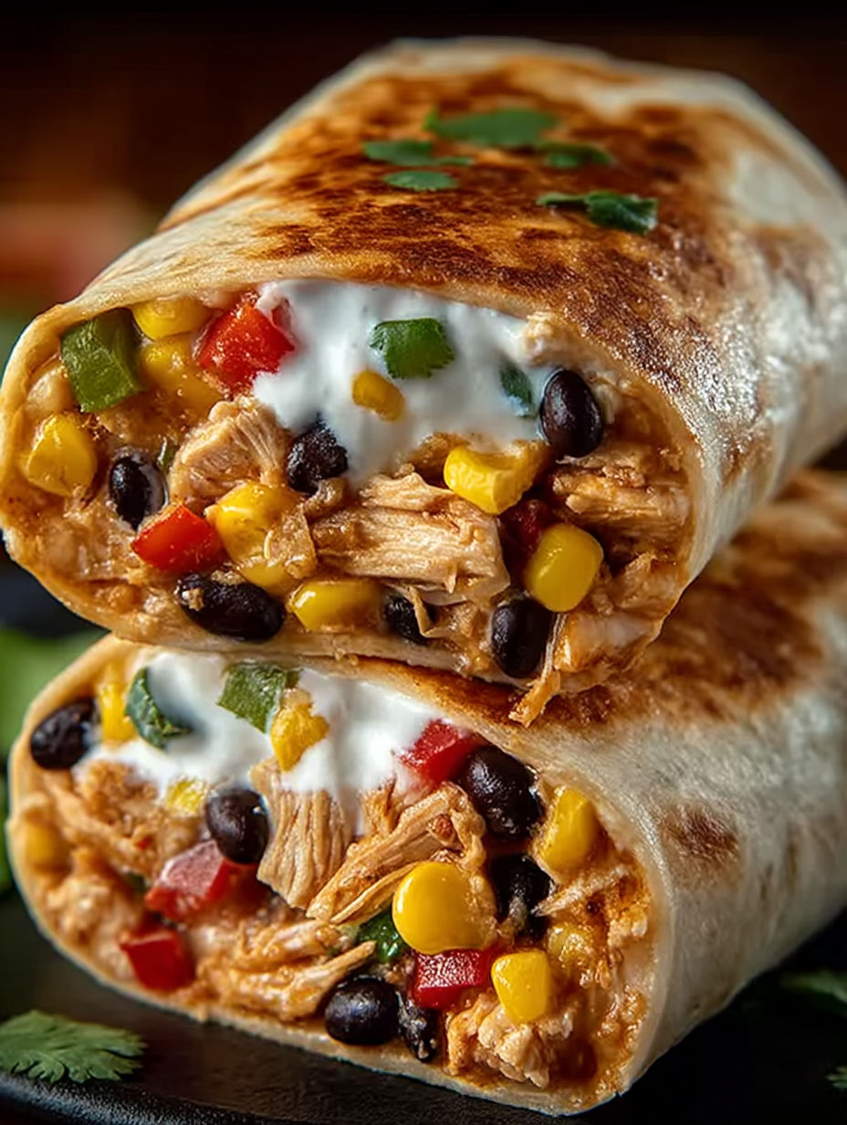 Two burritos filled with chicken and vegetables.