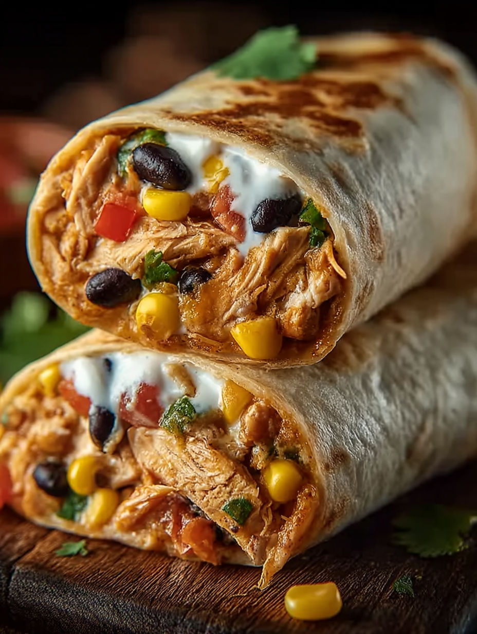 Two burritos filled with chicken and vegetables.
