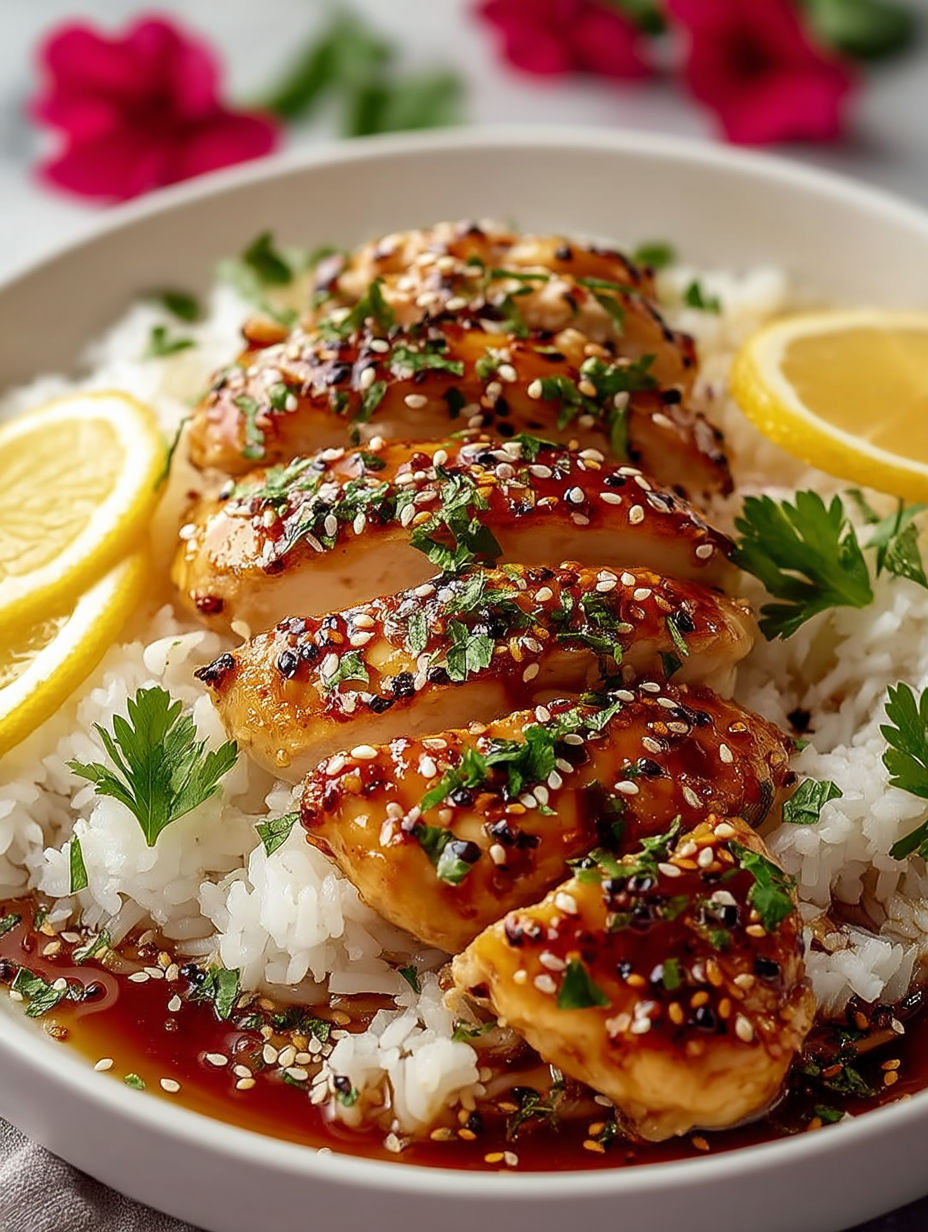 A plate of food with chicken and rice.