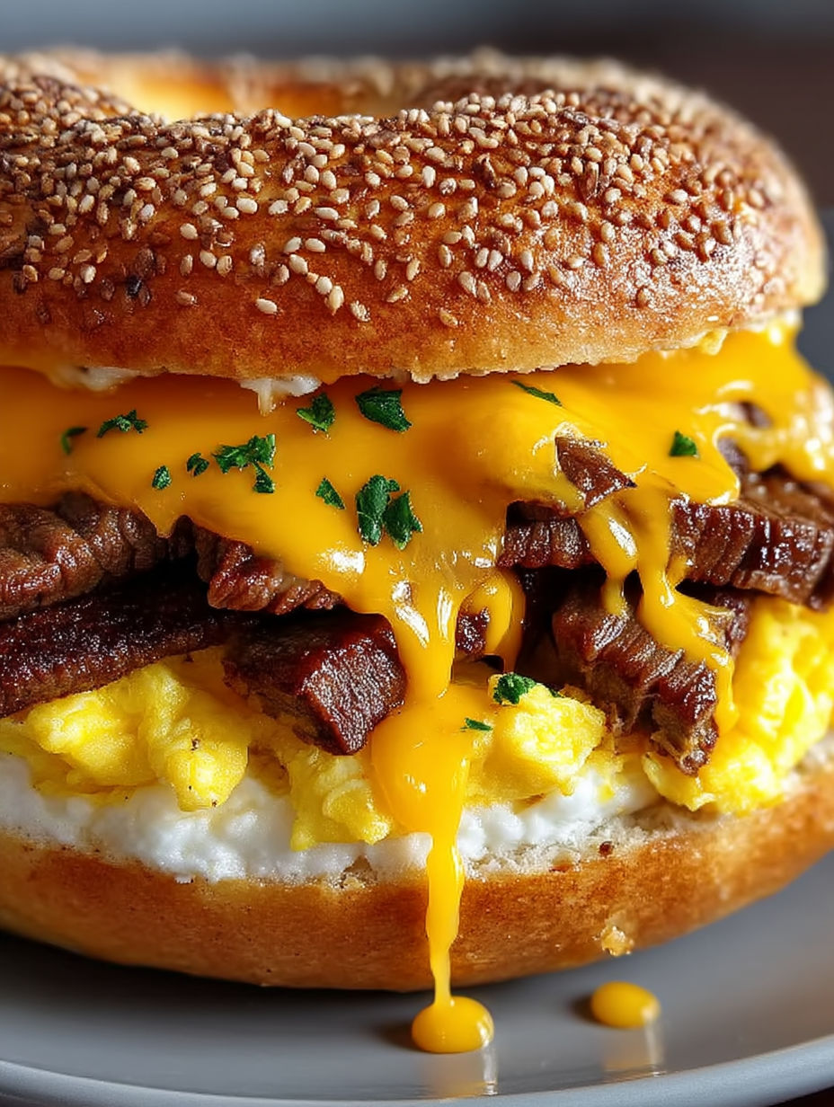 A close up of a McDonald's steak, egg and cheese sandwich.