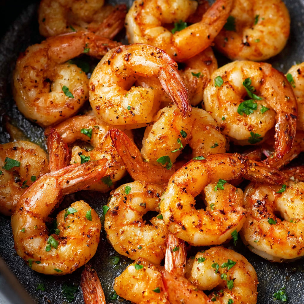 Air fryer shrimp with green herbs.
