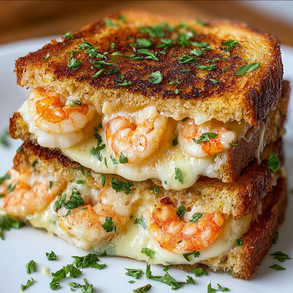 A stack of grilled cheese sandwiches with shrimp.