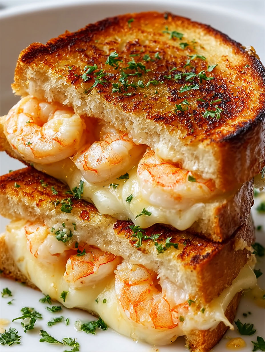 A grilled cheese sandwich with shrimp on top.