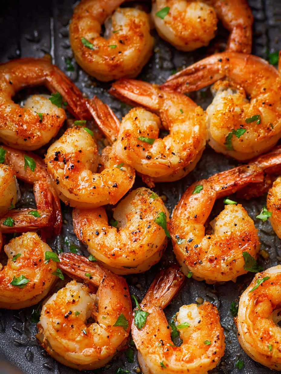 Air fryer shrimp on a black surface.