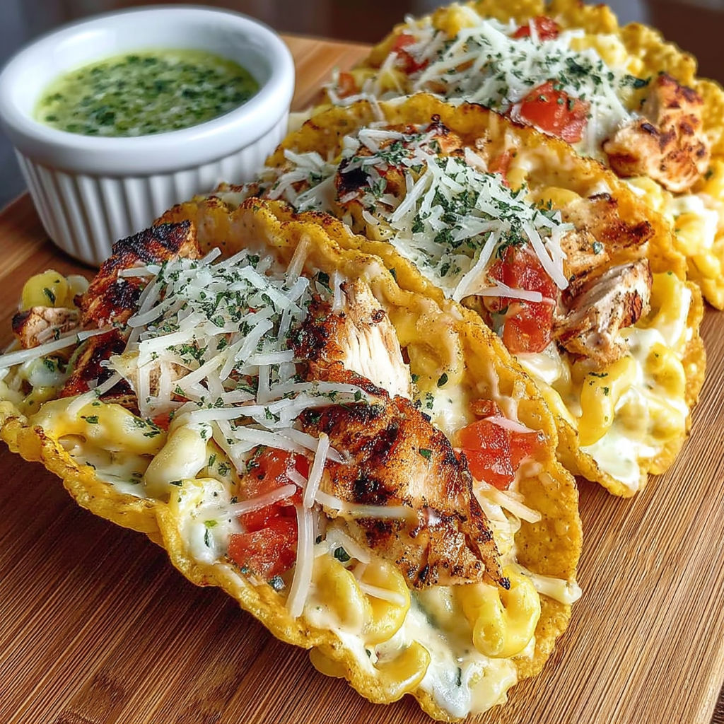 A plate of chicken alfredo tacos.