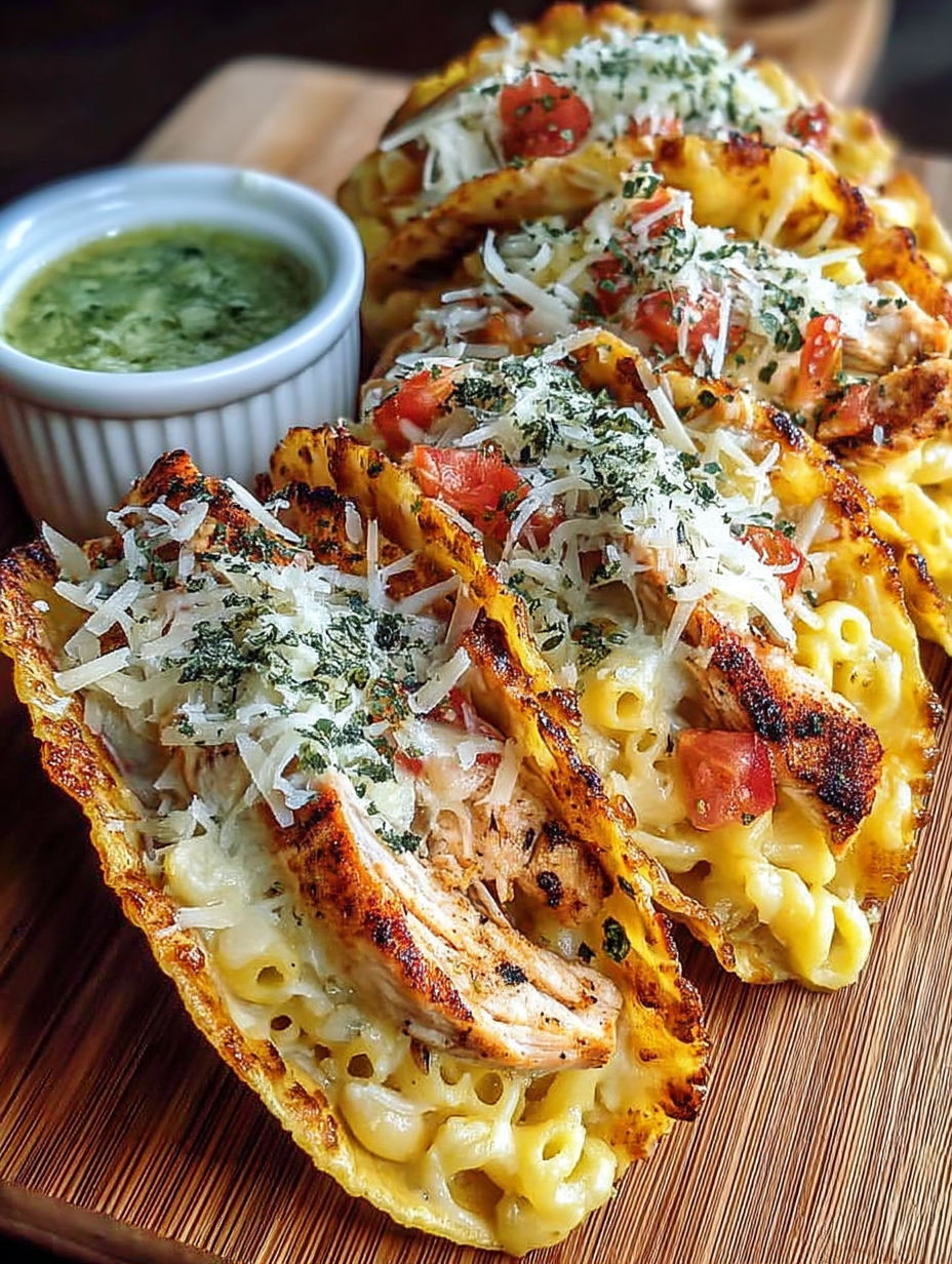 A plate of food with chicken alfredo tacos.