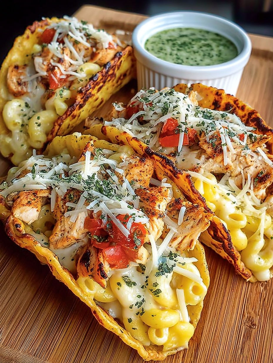 A plate of chicken alfredo tacos.