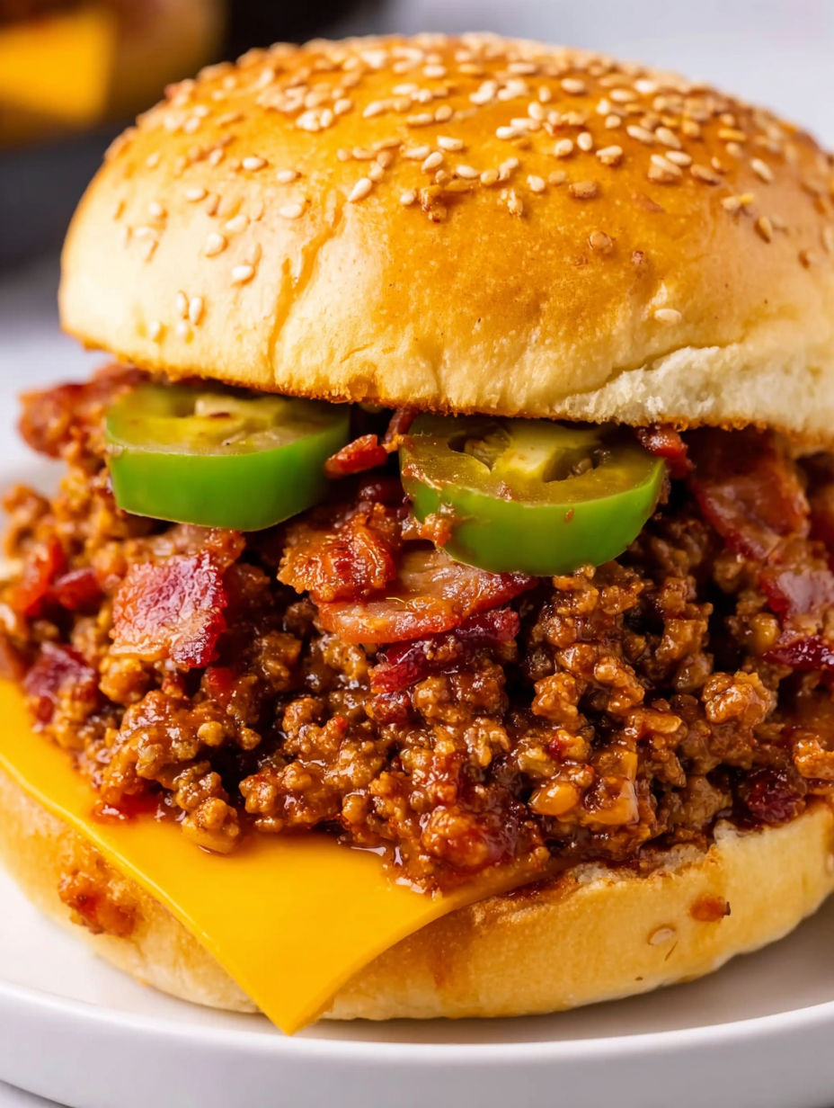 A sloppy joe sandwich with bacon and jalapenos.