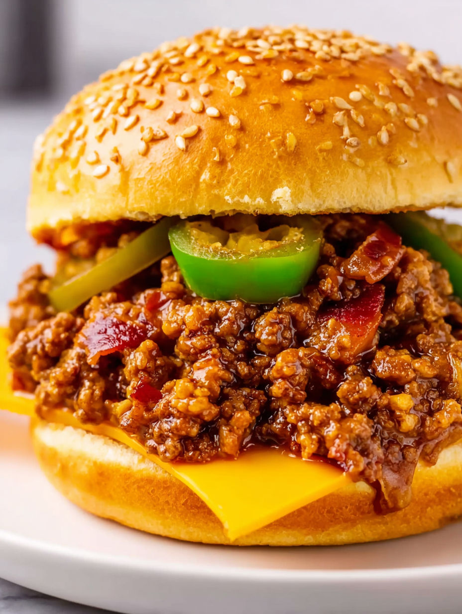 A sloppy joe sandwich with a slice of cheese on top.