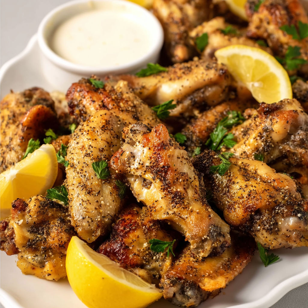 A plate of chicken wings with lemon and pepper seasoning.