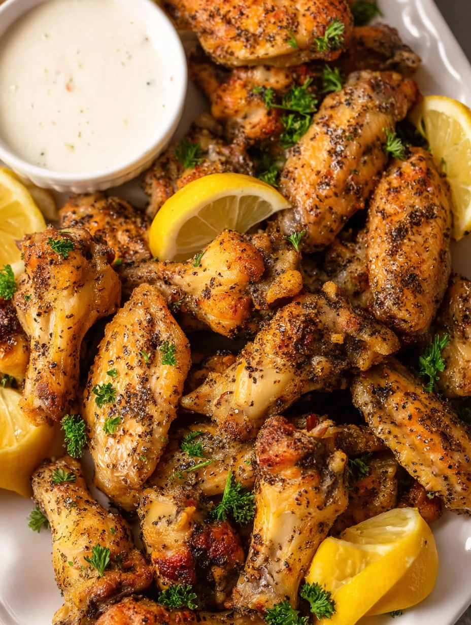 A plate of chicken wings with lemon and pepper seasoning.