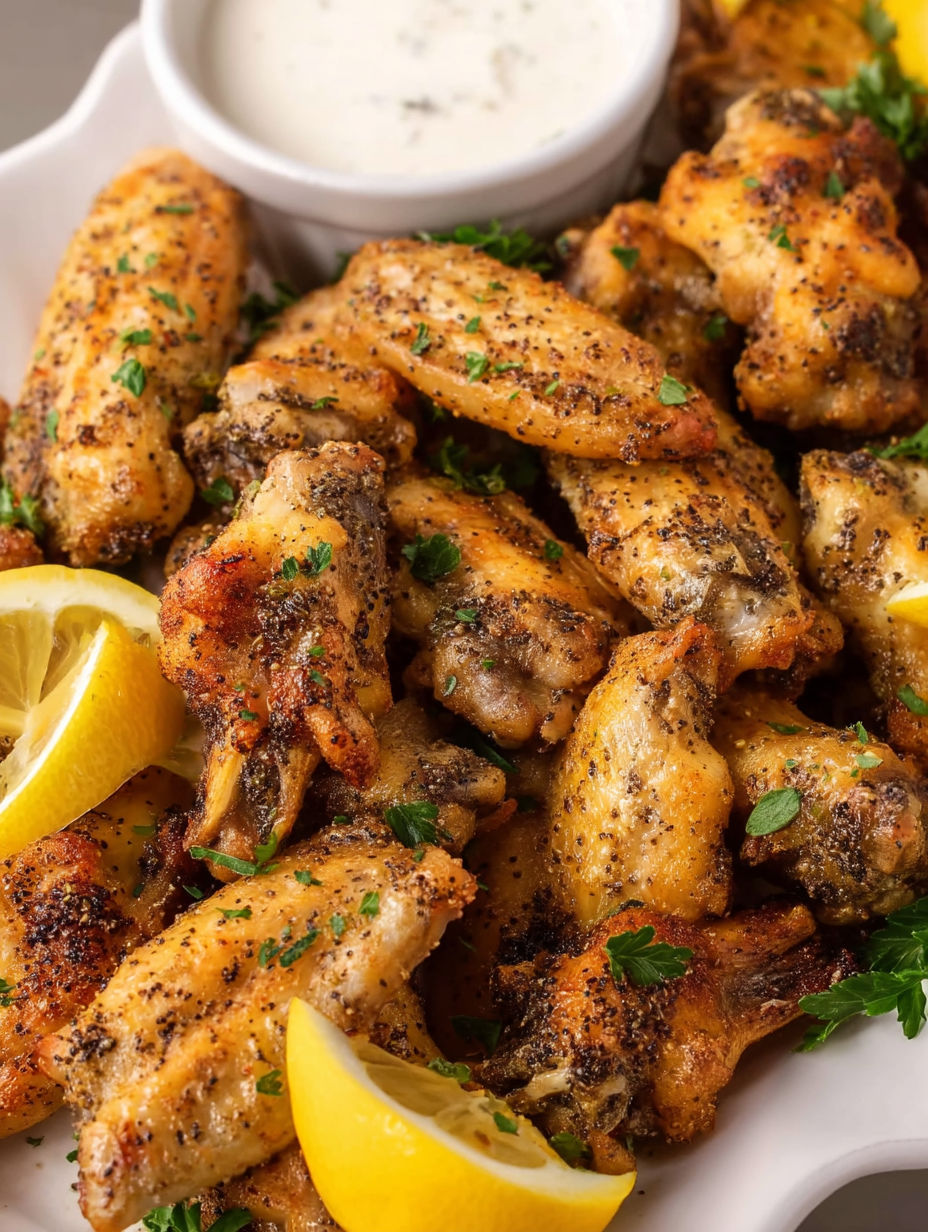 A plate of chicken wings with lemon and pepper seasoning.