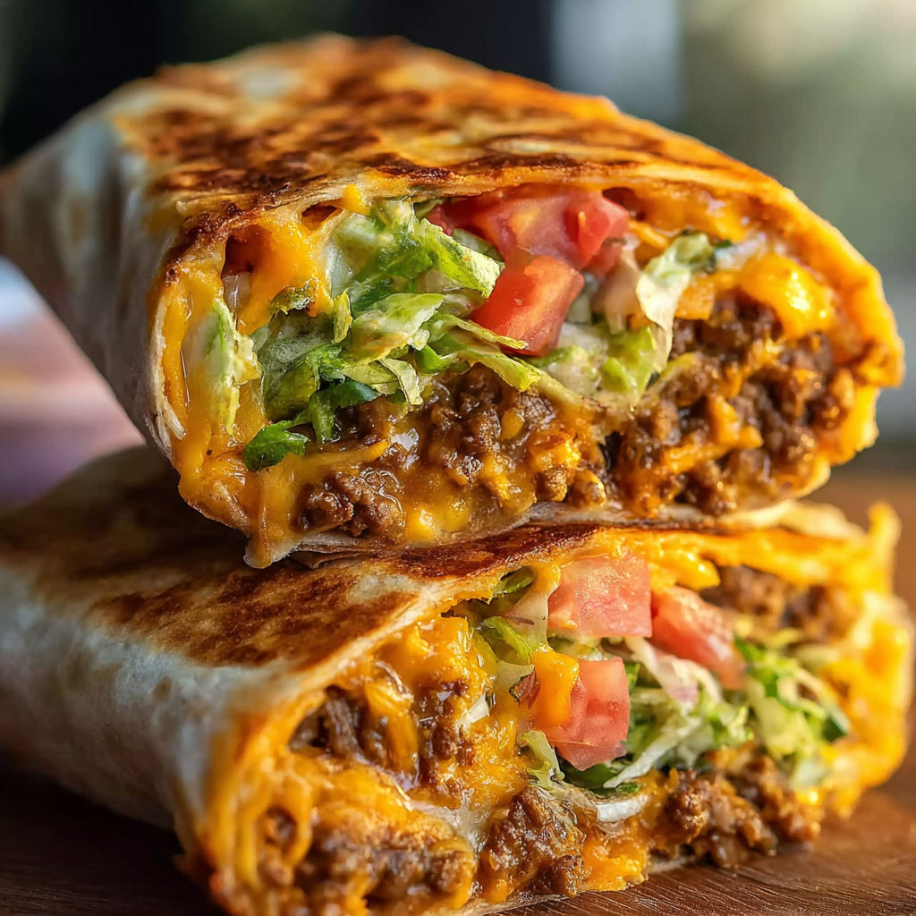 A beefy nacho cheese wrap with tomatoes and lettuce.