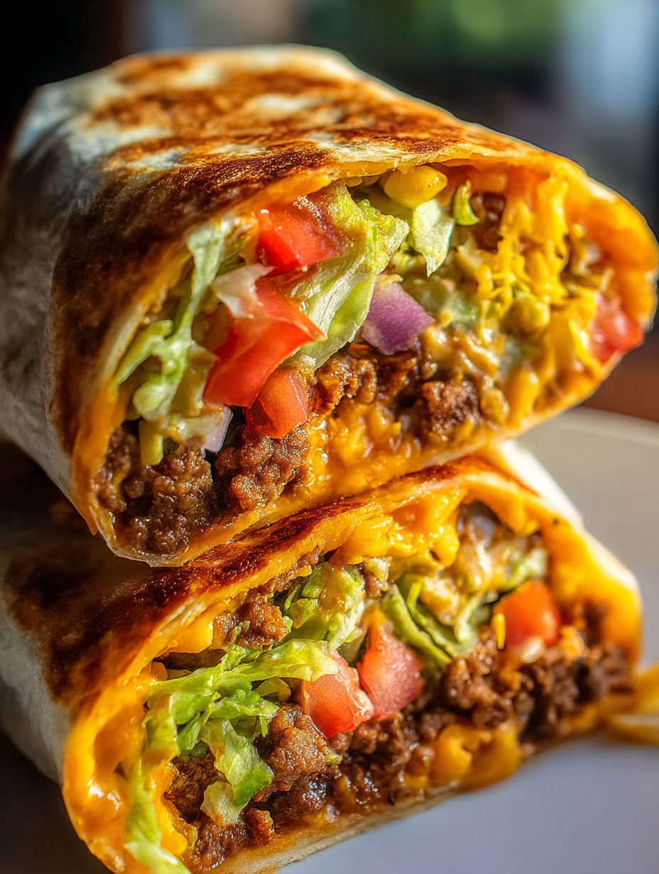 A beefy nacho cheese wrap is shown on a plate.