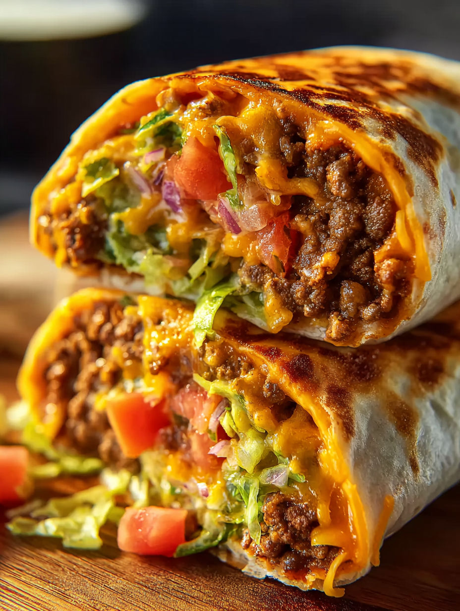 A beefy nacho cheese wrap is cut in half and placed on a table.