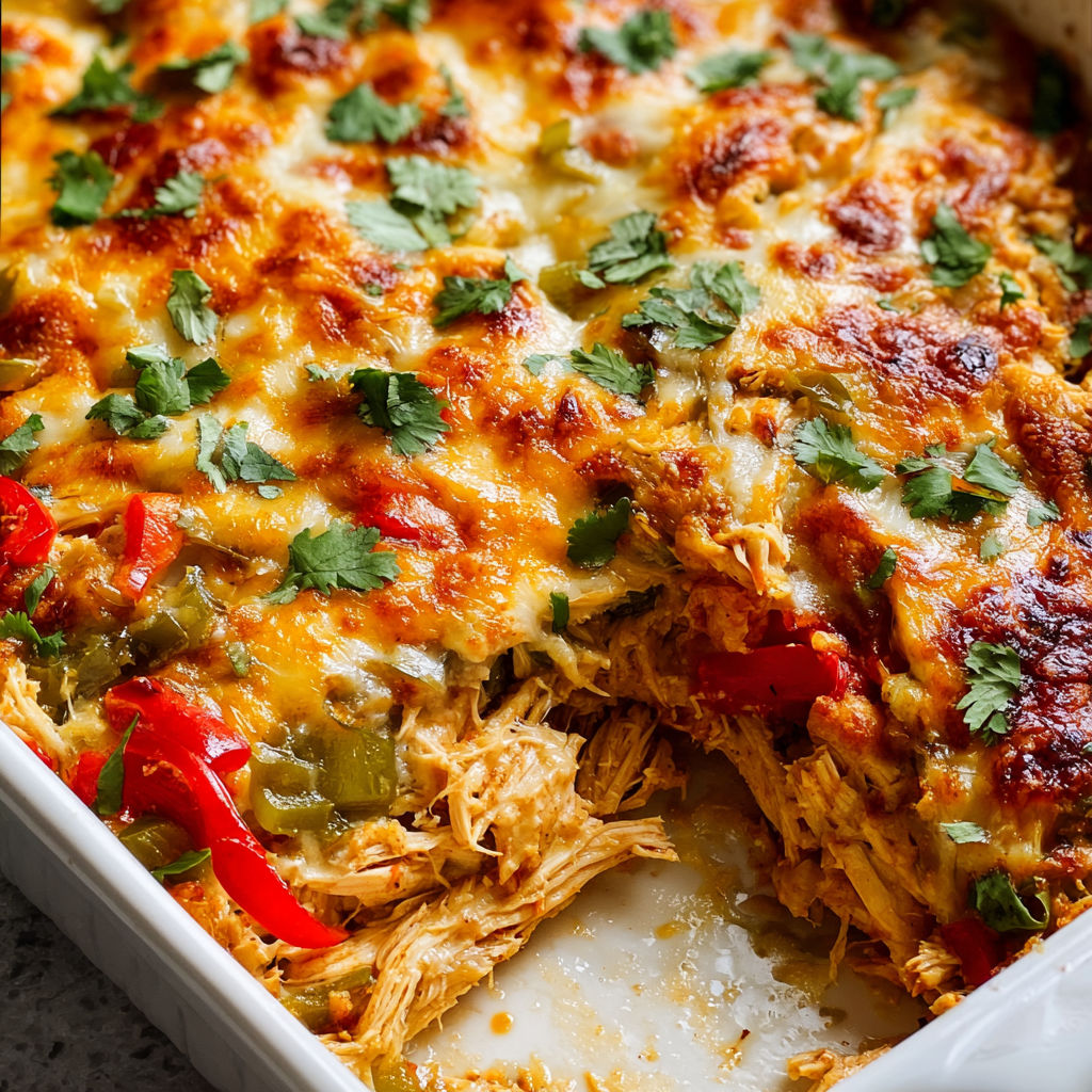 A casserole with chicken and peppers.