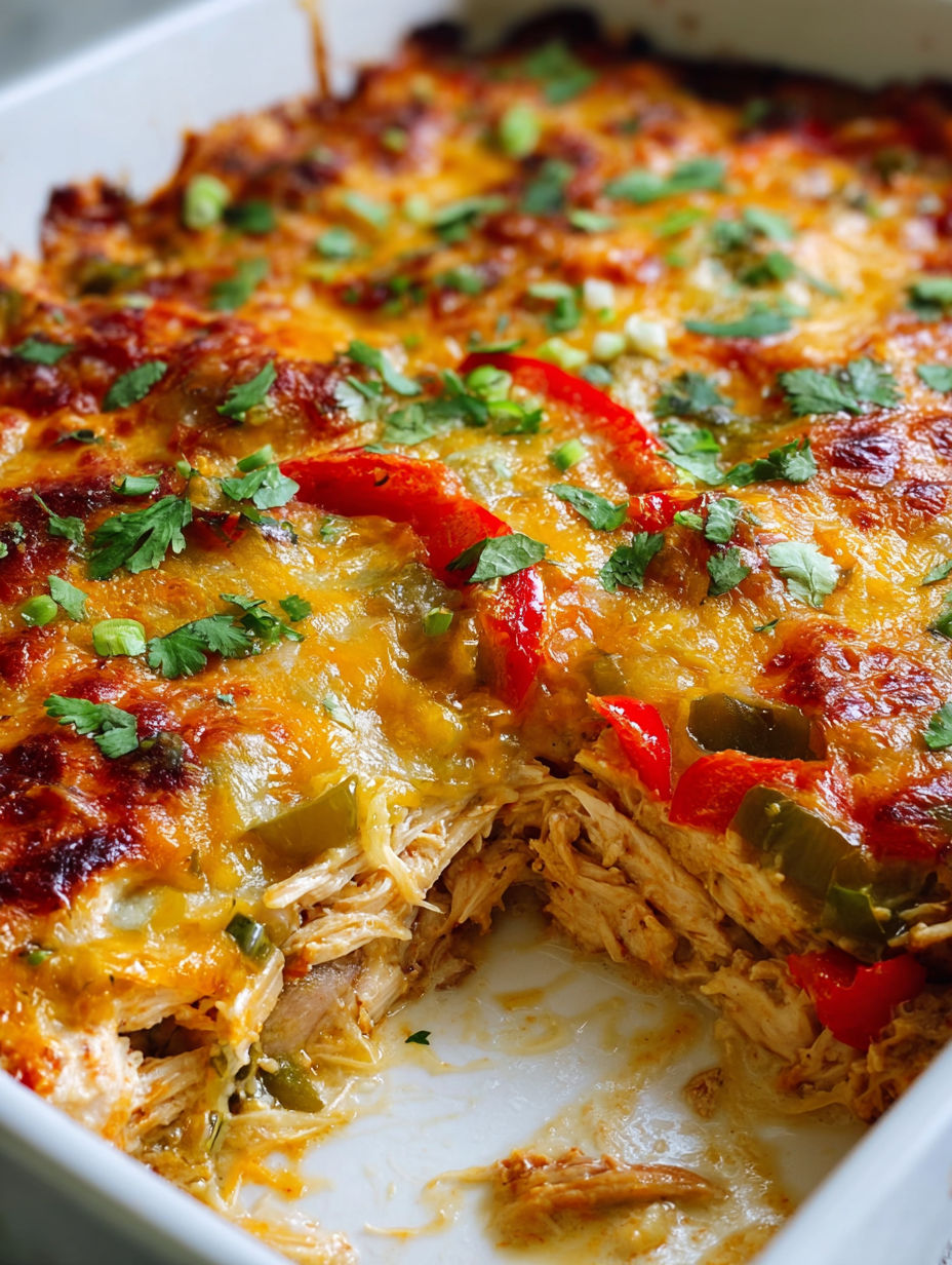 A close up of a chicken fajita casserole.