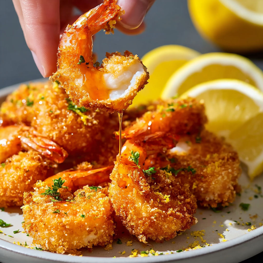 A person is holding a piece of shrimp with honey drizzled on it.