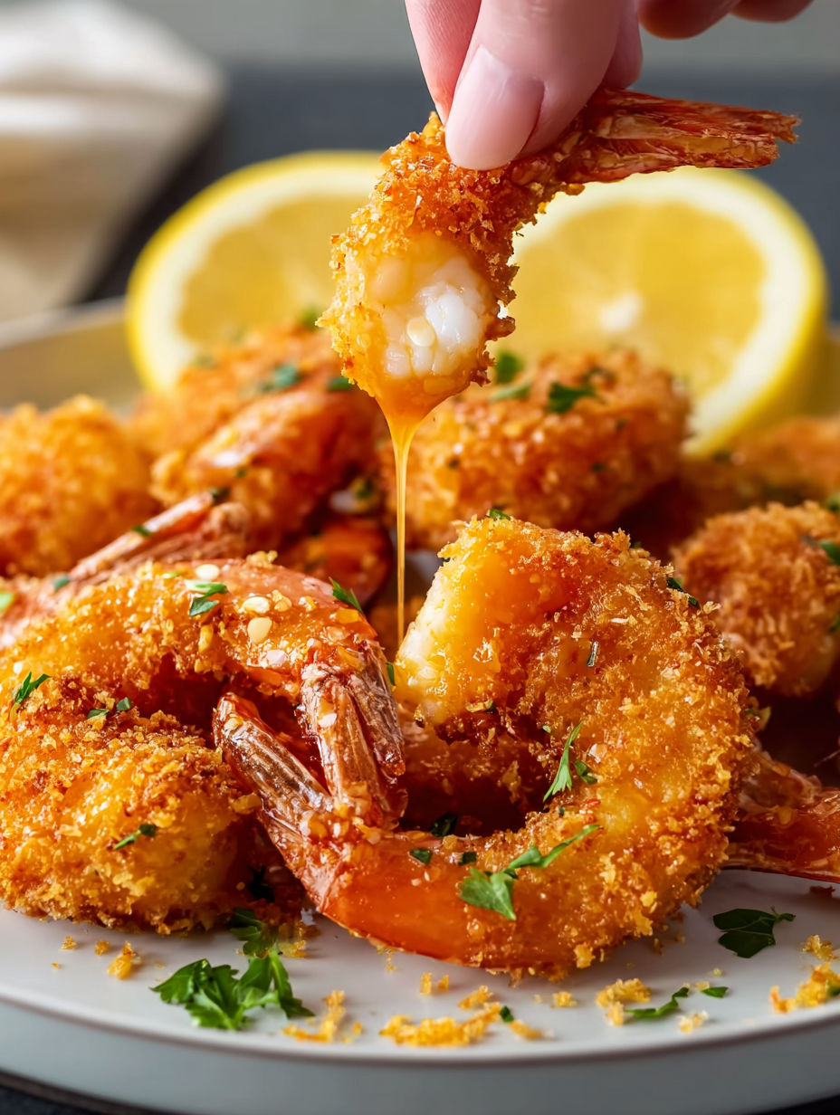 A plate of crispy shrimp with a drizzle of hot honey lemon pepper sauce.