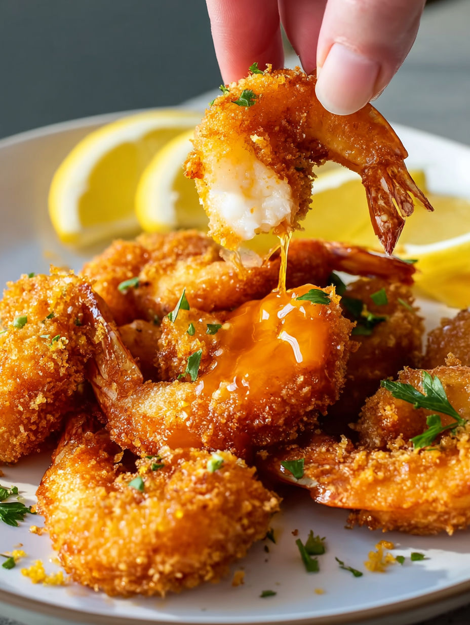 A person is eating shrimp with a lemon wedge.