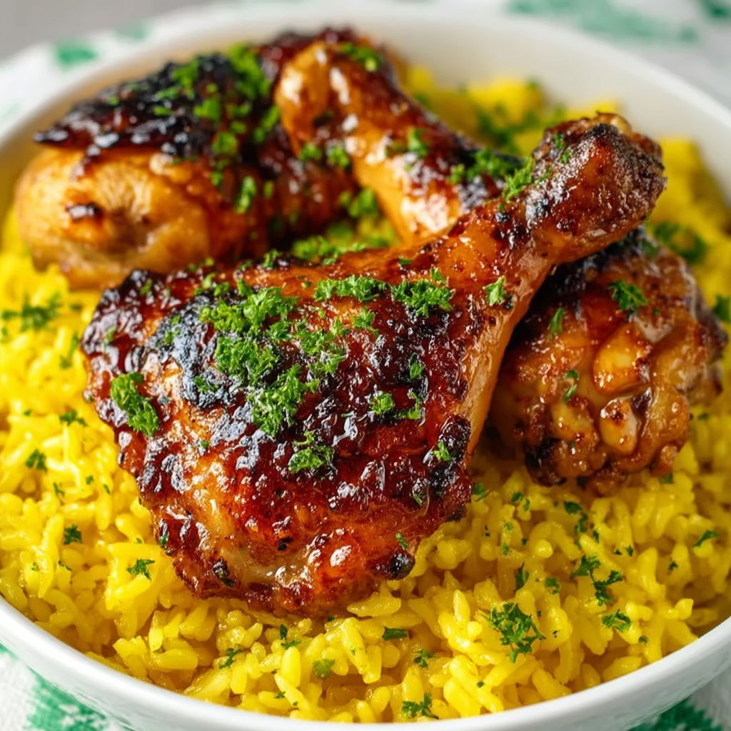 A bowl of rice with baked orange chicken legs.