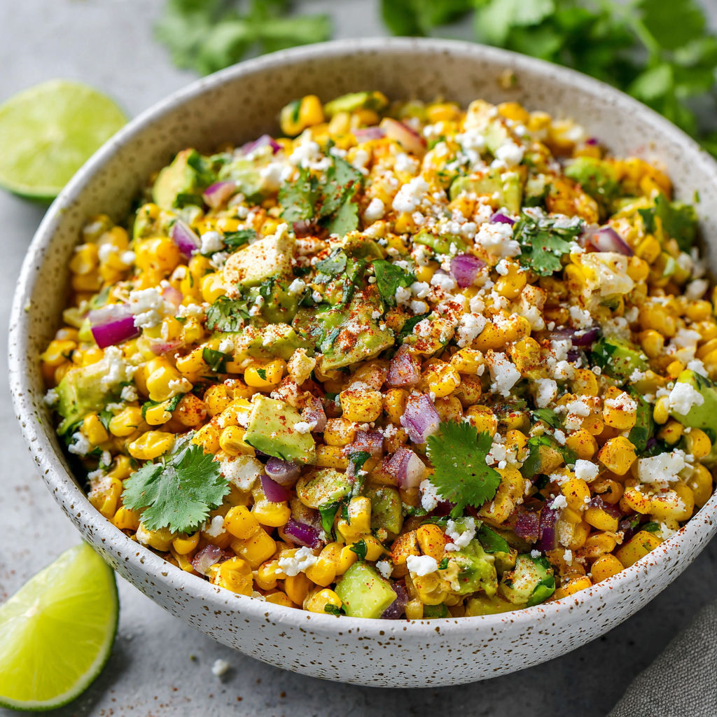 A bowl of Mexican street corn with avocado.