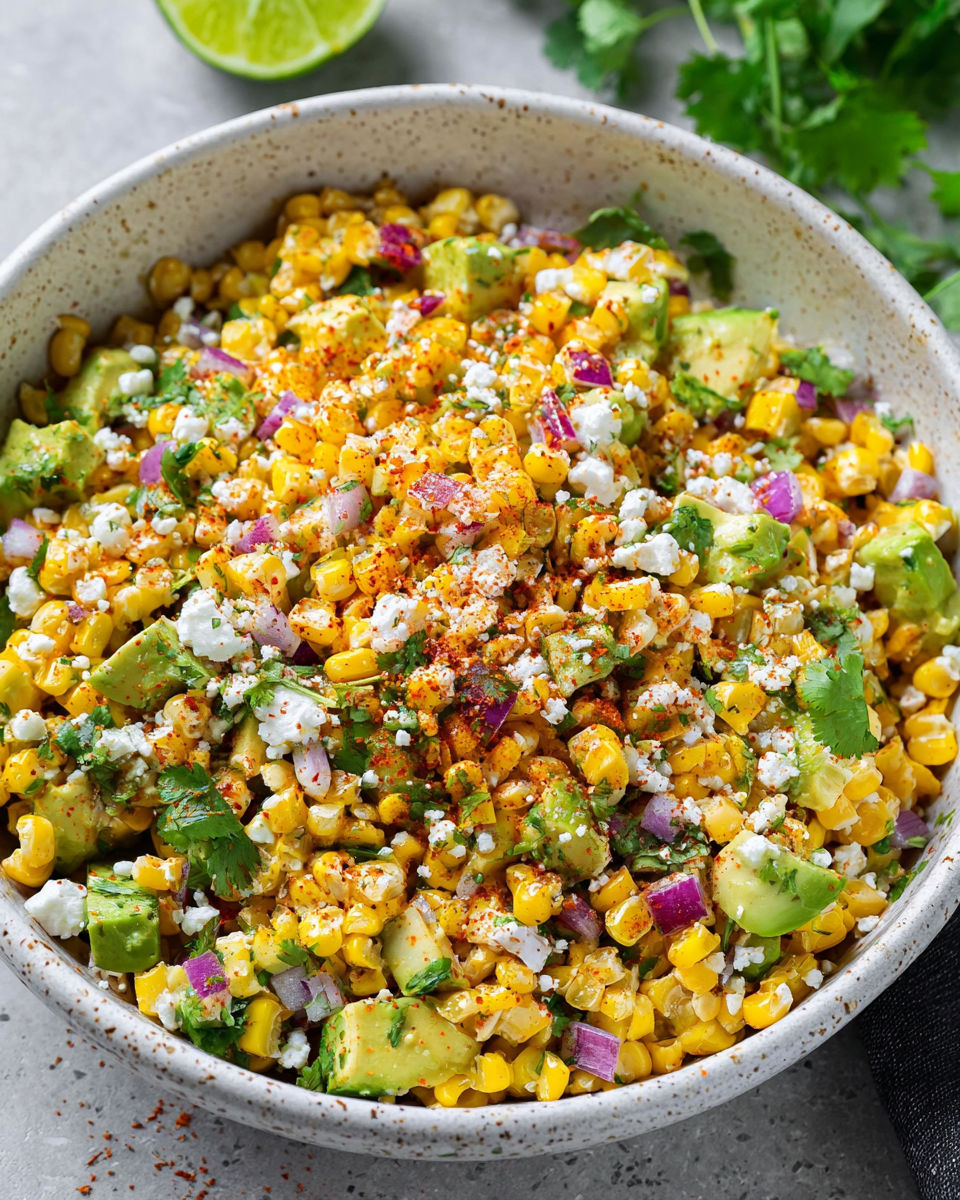 A bowl of food with corn, onions, and avocado.