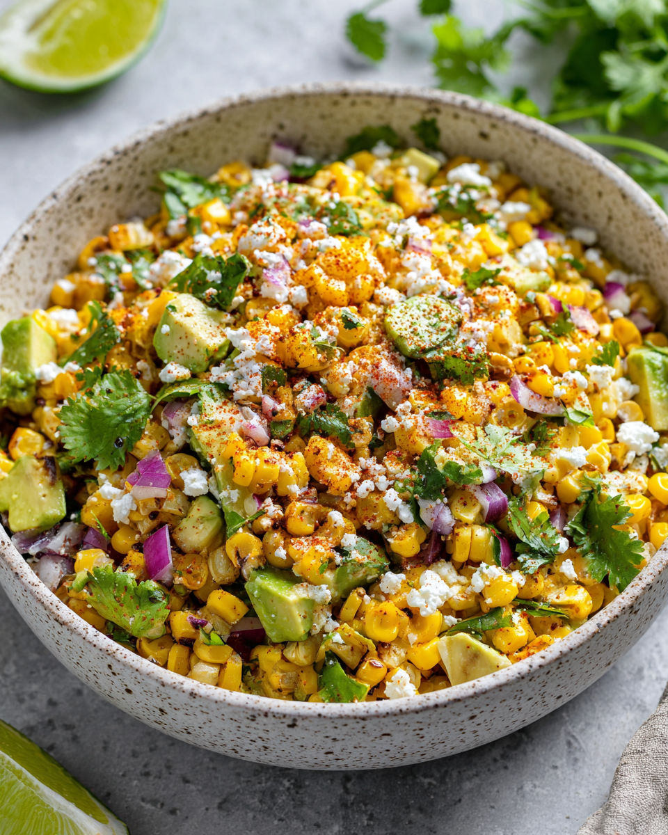 A bowl of food with corn, onions, and cheese.