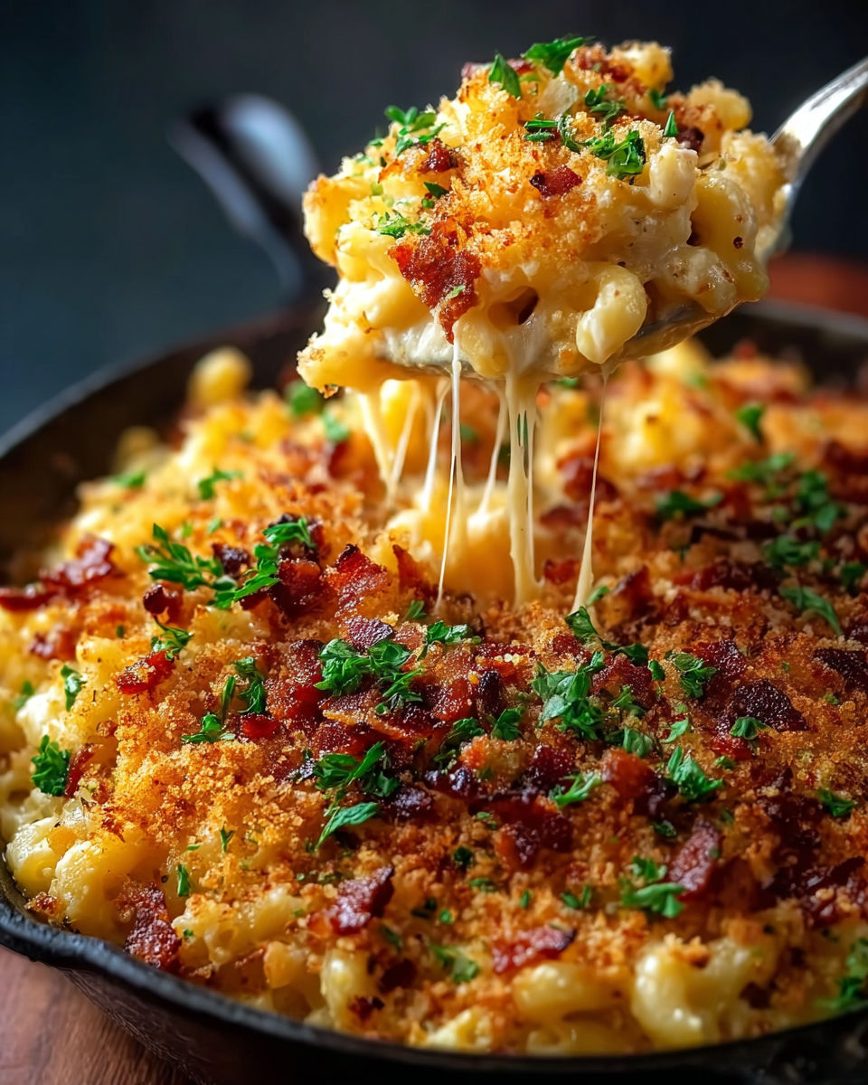 A close up of a bowl of macaroni and cheese with bacon.